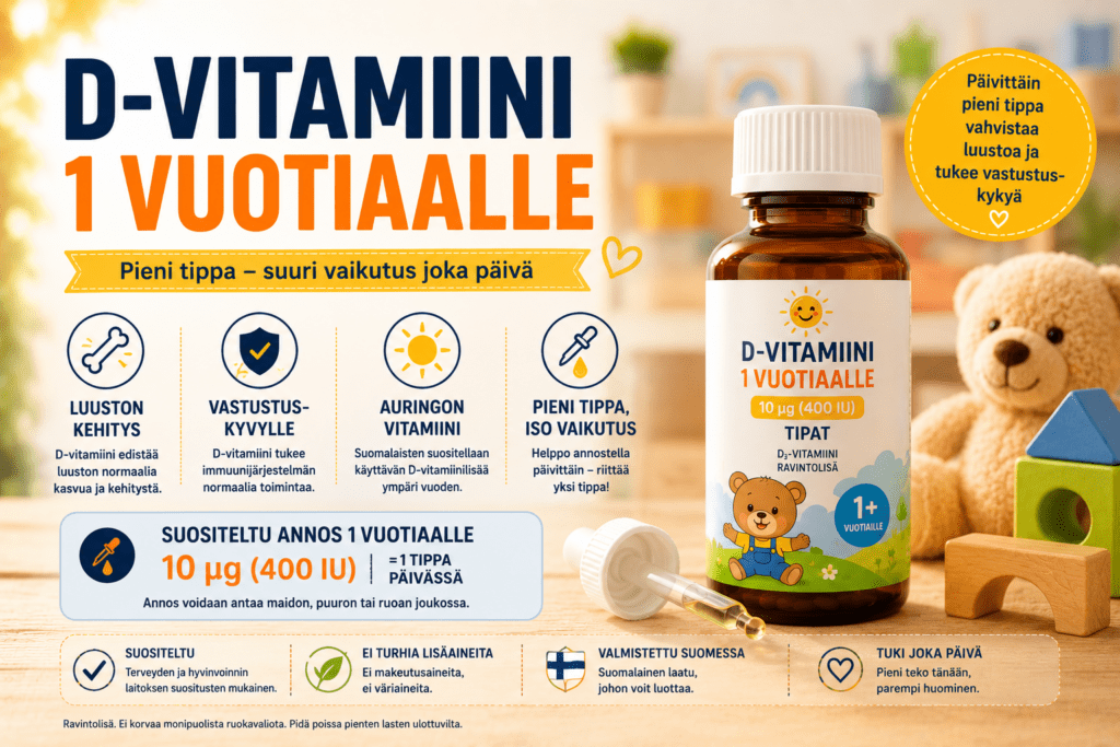D-vitamiini 1-vuotiaalle – Oikea annos, hyödyt ja parhaat valmisteet