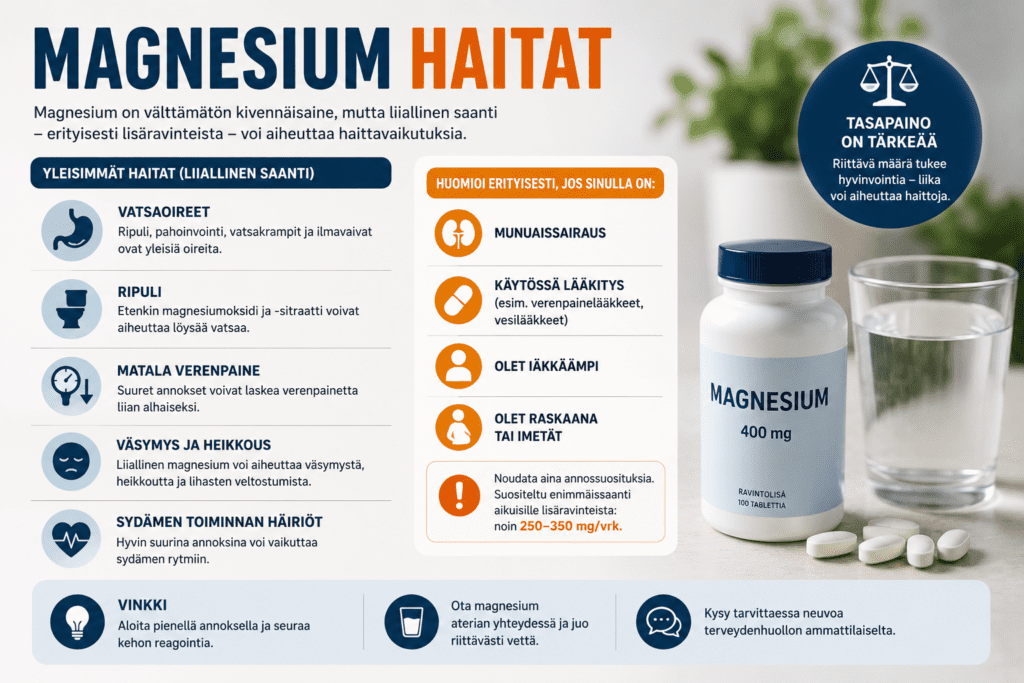 Magnesium haitat – Sivuvaikutukset, yliannos ja varotoimet