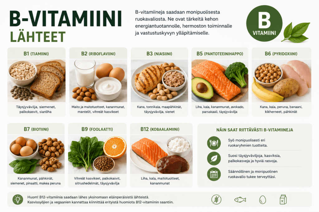 B-vitamiini lähteet – Parhaat ruoka- ja ravintolisälähteet