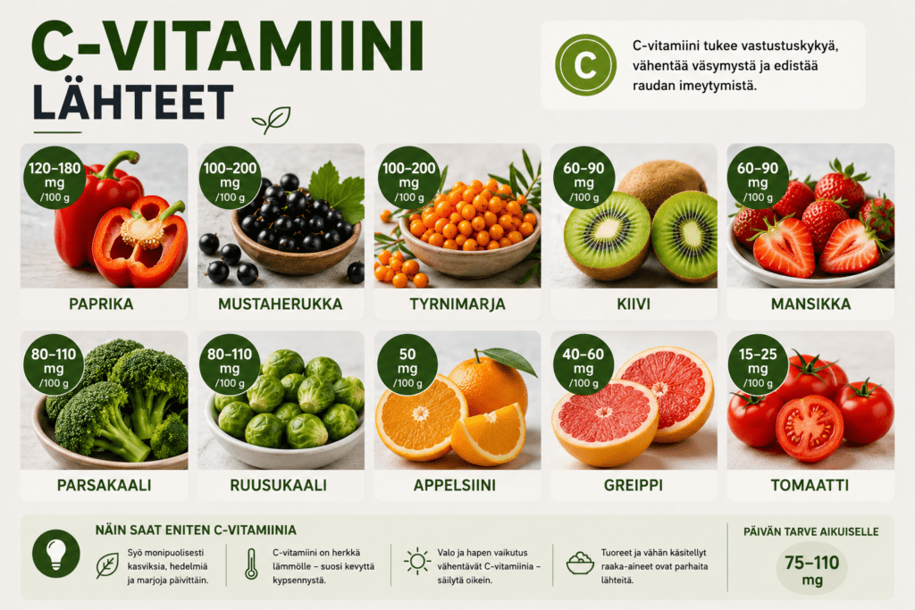 C-vitamiini lähteet – Parhaat ruoka- ja ravintolisälähteet
