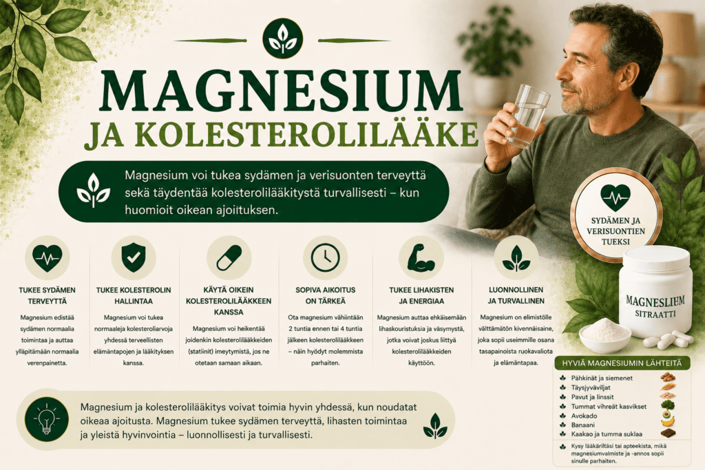 Magnesium ja kolesterolilääke: mitä yhteiskäytöstä kannattaa tietää