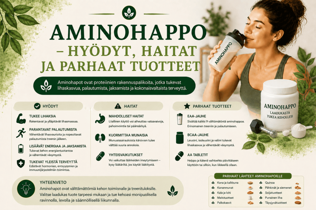 Aminohappo – hyödyt, haitat ja parhaat tuotteet (2026)